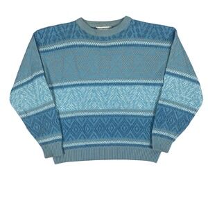 Vintage Saturdays Sweater Mens Medium Blue Geometric Fair Isle Knit Crewneck